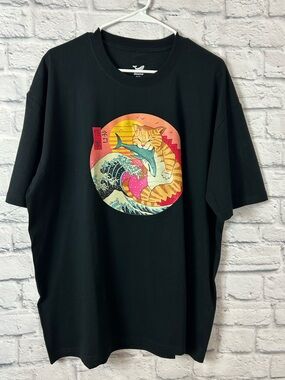 Yiume Cat Shark Graphic T-Shirt Black 2XL Japanese Wave Funny Novelty Tee